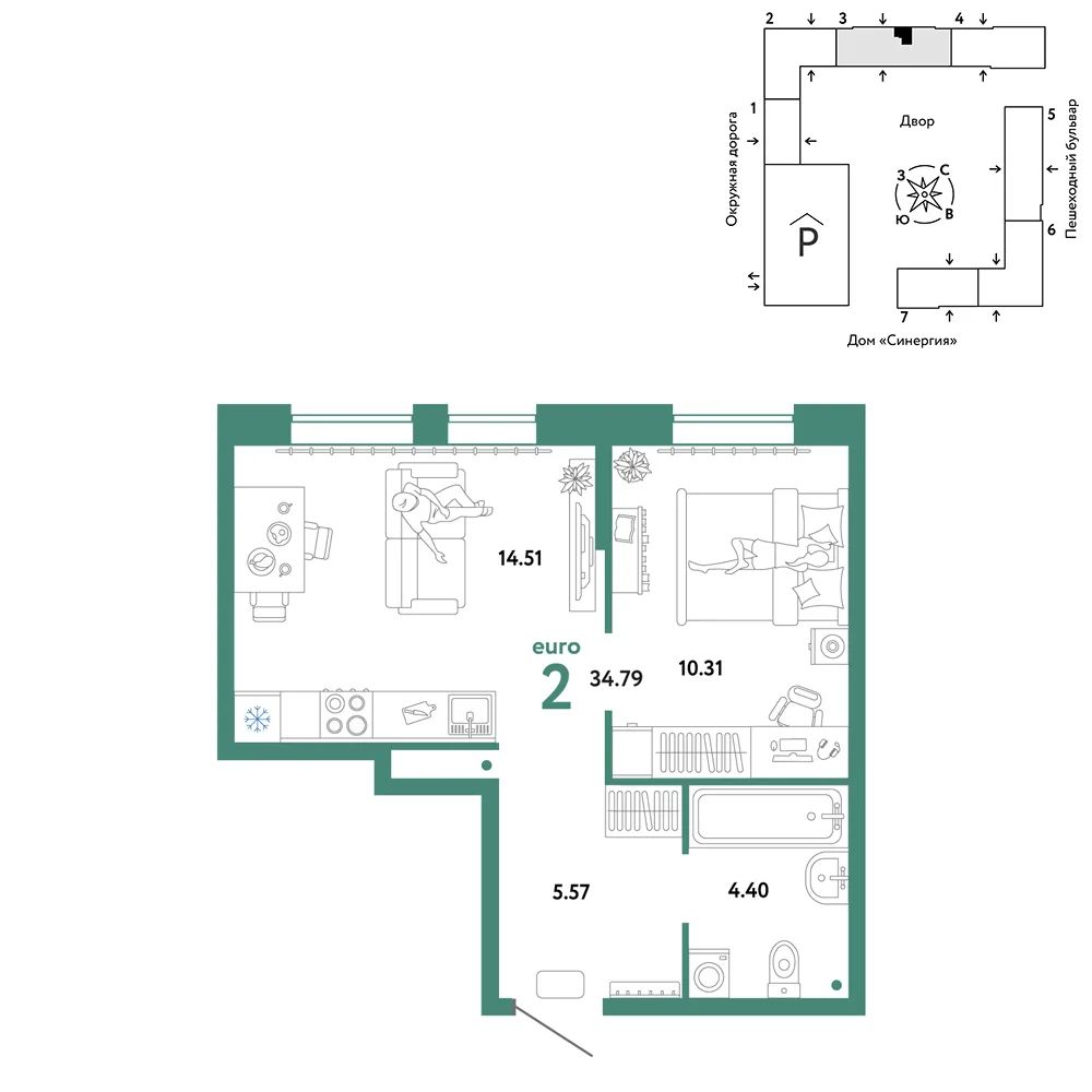 Планировка 2-комн. квартира, 34.79 м² ЖК «Юнион»
