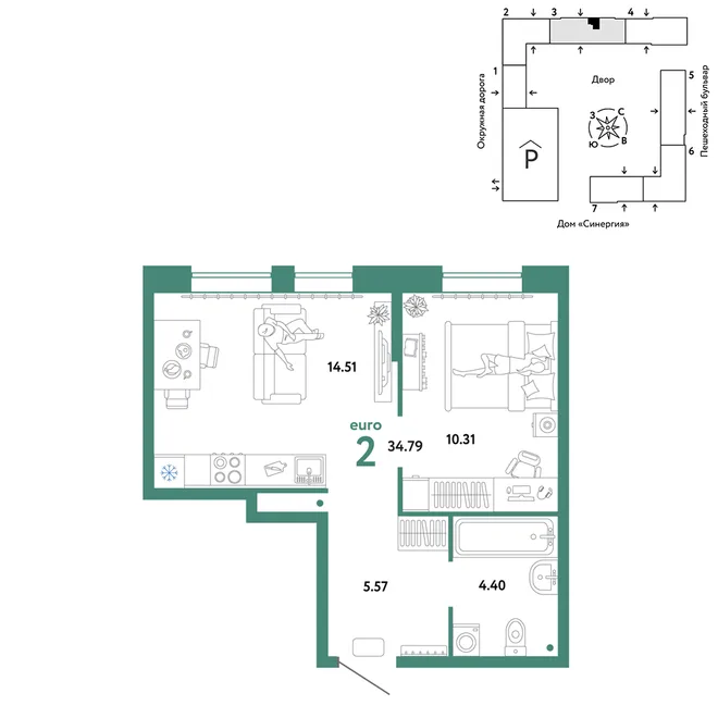 Планировка 2-комн. квартира, 34.79 м² ЖК «Юнион»