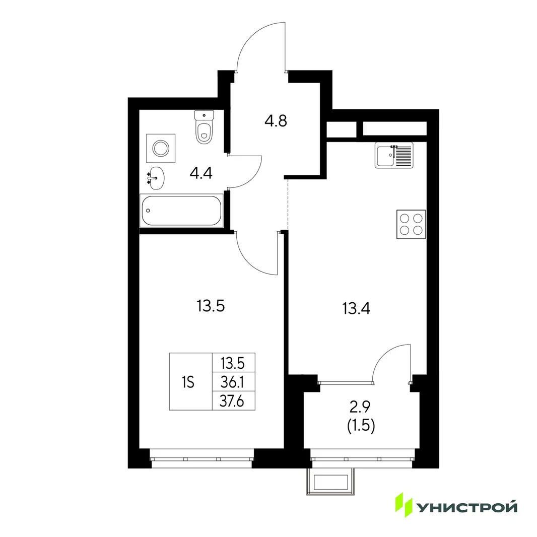 Планировка 1-комн. квартира, 37.6 м² ЖК «Стадиум»