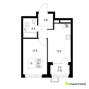 Планировка 1-комн. квартира, 37.6 м² ЖК «Стадиум»