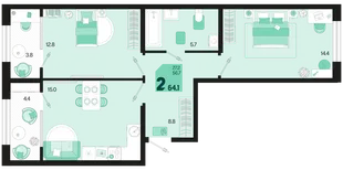 Планировка 2-комн. квартира, 64.9 м² ЖК «Первое место»