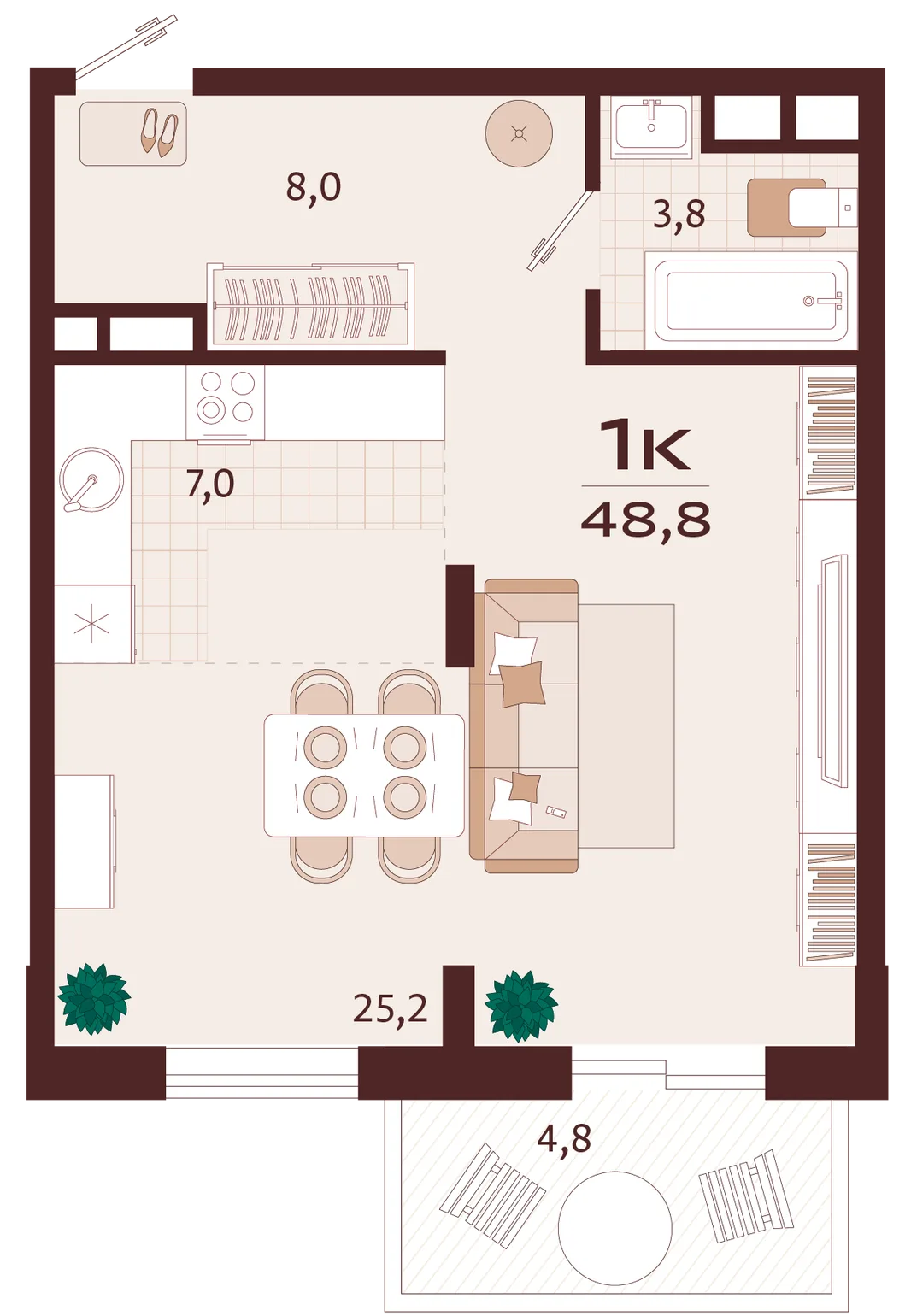Планировка 1-комн. квартира, 48.8 м² ЖК «Роялта»
