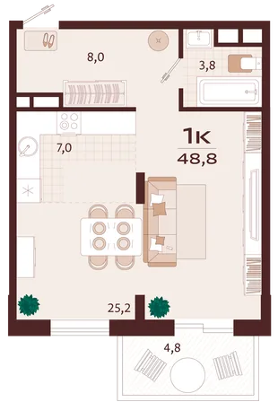 Планировка 1-комн. квартира, 48.8 м² ЖК «Роялта»