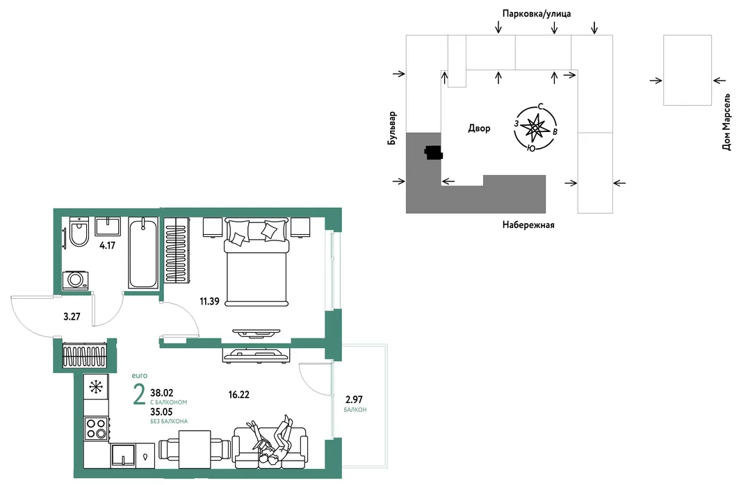 Планировка 2-комн. квартира, 38.02 м² ЖК «Европейский берег 2.0»