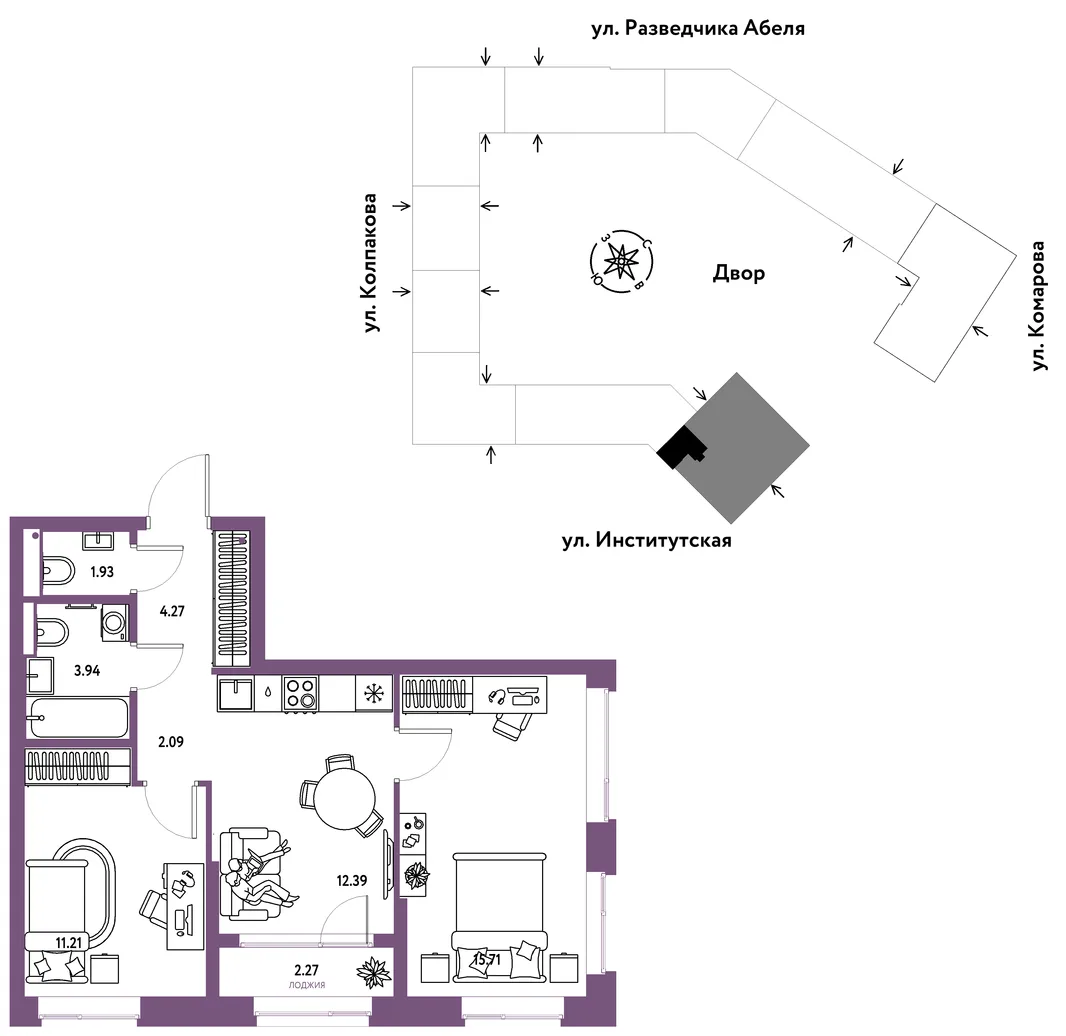 Планировка 3-комн. квартира, 53.81 м² ЖК «Страна.Парковая»