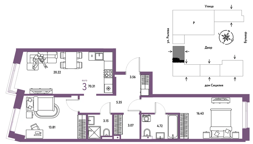 Планировка 3-комн. квартира, 70.31 м² ЖК «Остров-сад»