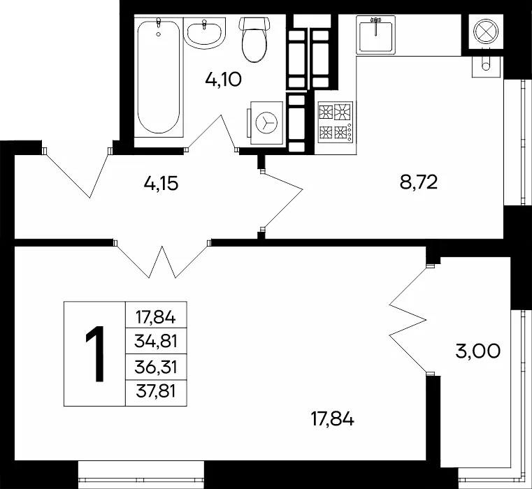 Планировка 1-комн. квартира, 37.81 м² ЖК «Сезоны»