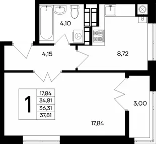 Планировка 1-комн. квартира, 37.81 м² ЖК «Сезоны»