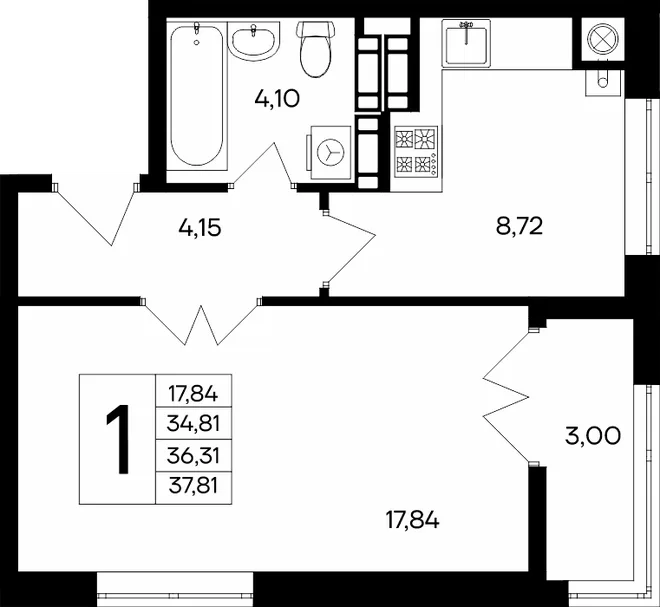 Планировка 1-комн. квартира, 37.81 м² ЖК «Сезоны»