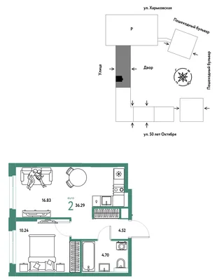 Планировка 2-комн. квартира, 36.29 м² ЖК «Сердце Сибири»
