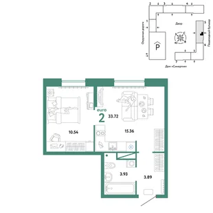 Планировка 2-комн. квартира, 33.72 м² ЖК «Юнион»