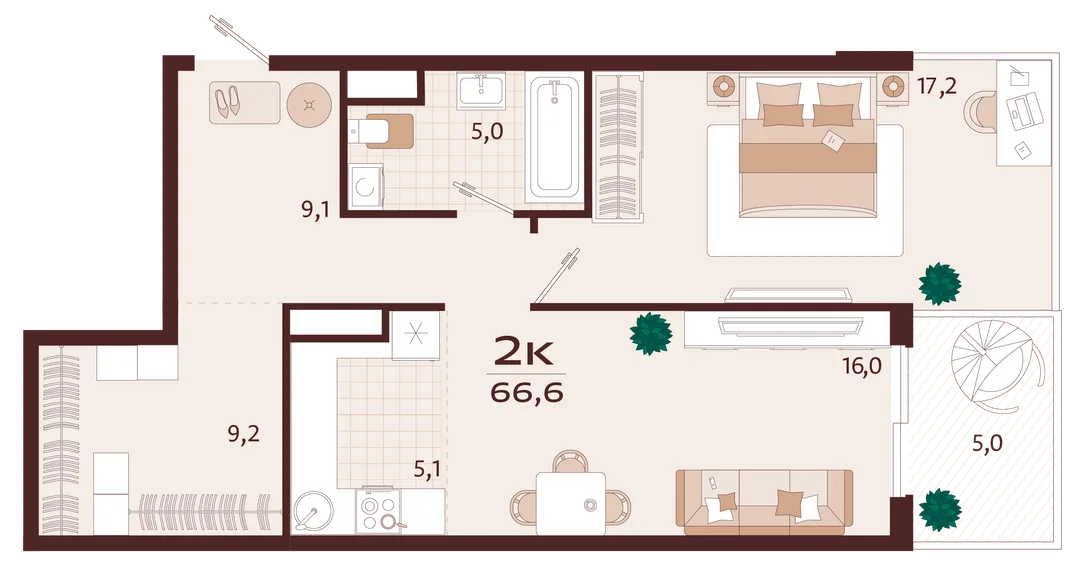 Планировка 2-комн. квартира, 66.6 м² ЖК «Роялта»