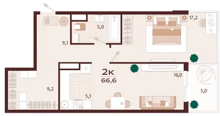 Планировка 2-комн. квартира, 66.6 м² ЖК «Роялта»