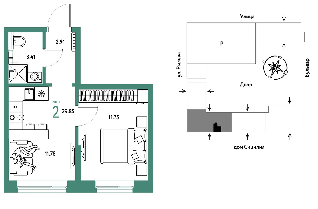 Планировка 2-комн. квартира, 29.85 м² ЖК «Остров-сад»