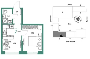 Планировка 2-комн. квартира, 29.85 м² ЖК «Остров-сад»