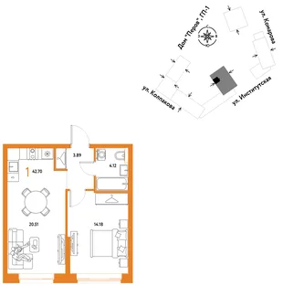 Планировка 1-комн. квартира, 42.7 м² ЖК «Страна.Парковая»