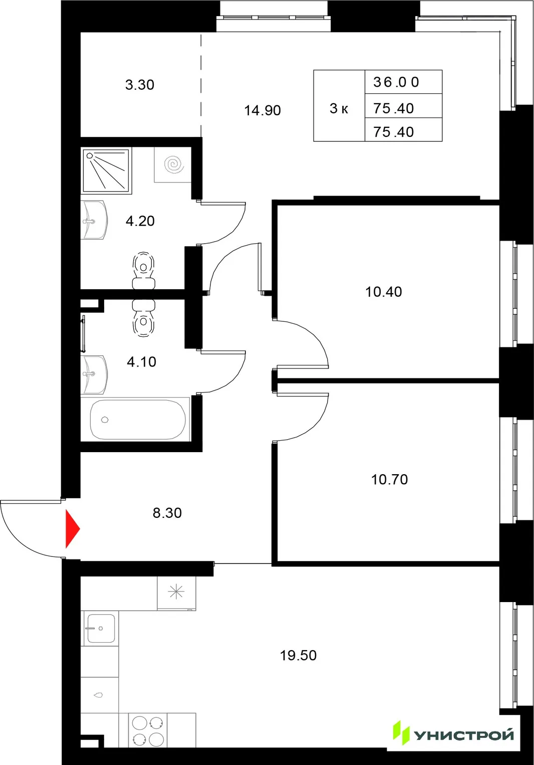 Планировка 3-комн. квартира, 75.4 м² ЖК «Уникод на Технической»