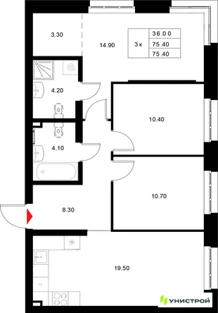 Планировка 3-комн. квартира, 75.4 м² ЖК «Уникод на Технической»