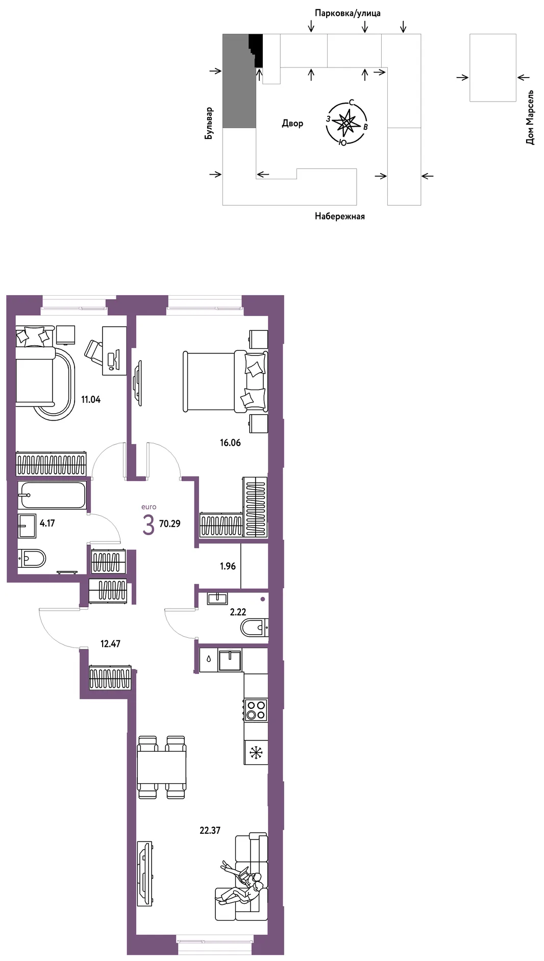 Планировка 3-комн. квартира, 70.29 м² ЖК «Европейский берег 2.0»
