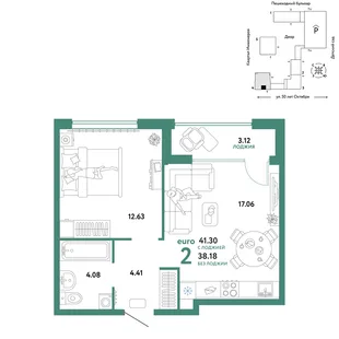 Планировка 2-комн. квартира, 41.3 м² ЖК «Сердце Сибири»