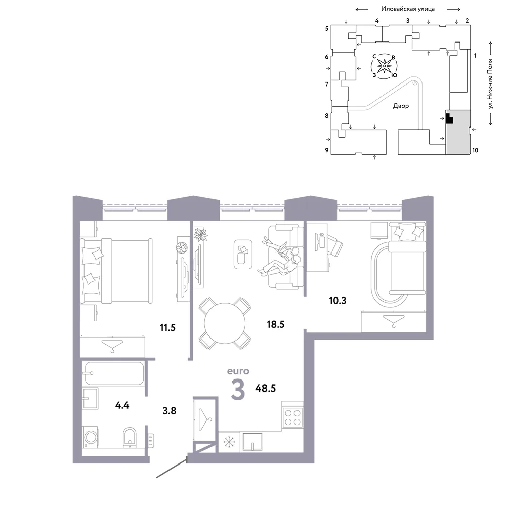 Планировка 3-комн. квартира, 48.5 м² ЖК «Страна.Заречная»