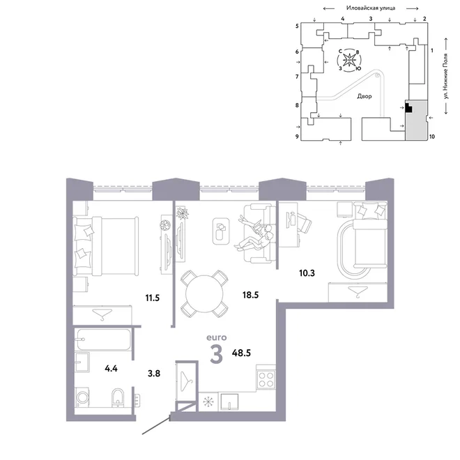 Планировка 3-комн. квартира, 48.5 м² ЖК «Страна.Заречная» Планировка 3-комн. квартира, 48.5 м² ЖК «Страна.Заречная»