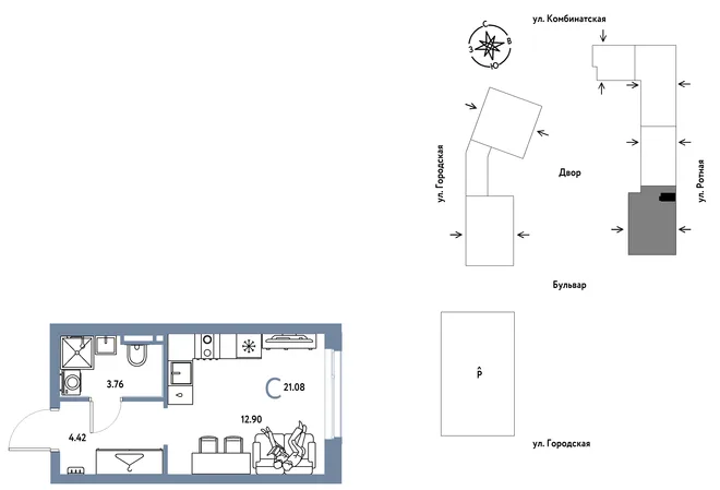 Планировка Студия, 21.08 м² ЖК «Уральский сад»