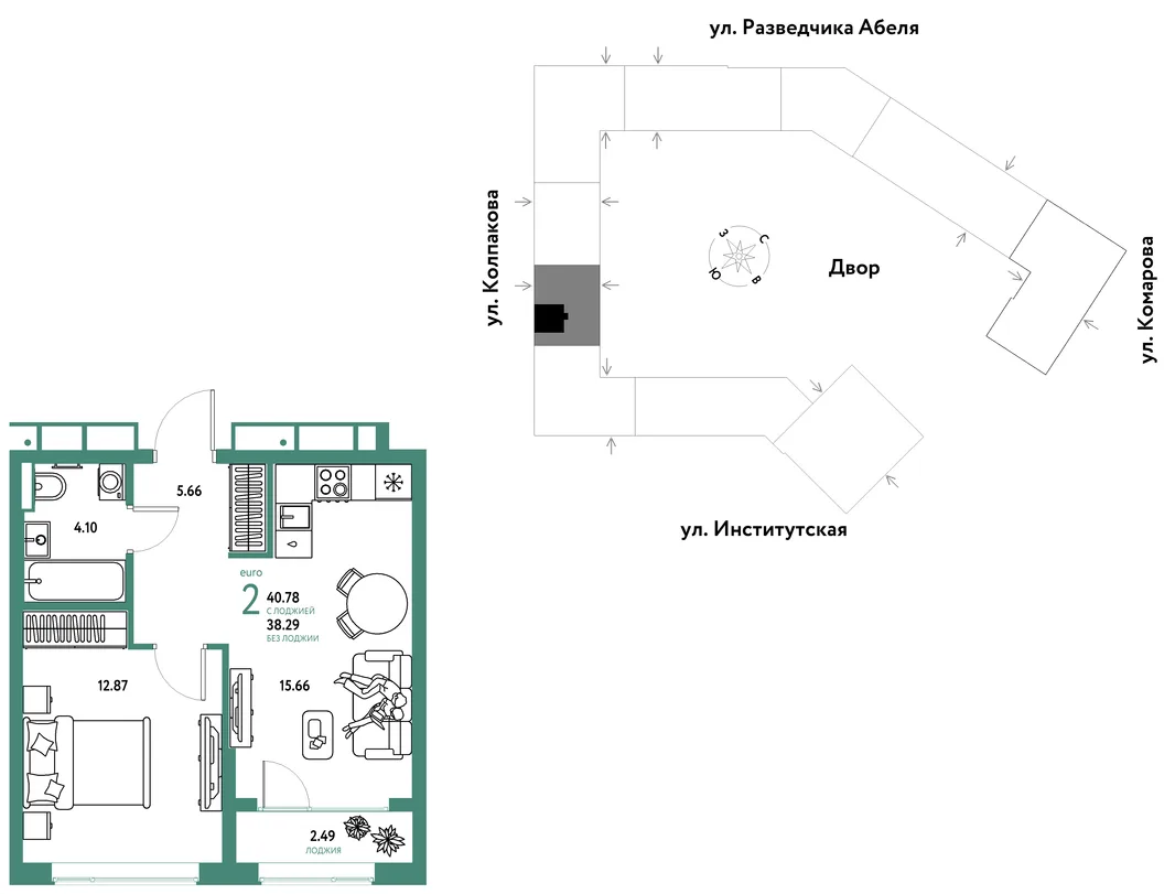 Планировка 2-комн. квартира, 40.78 м² ЖК «Страна.Парковая»