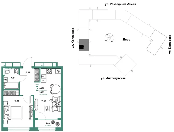 Планировка 2-комн. квартира, 40.78 м² ЖК «Страна.Парковая» Планировка 2-комн. квартира, 40.78 м² ЖК «Страна.Парковая»