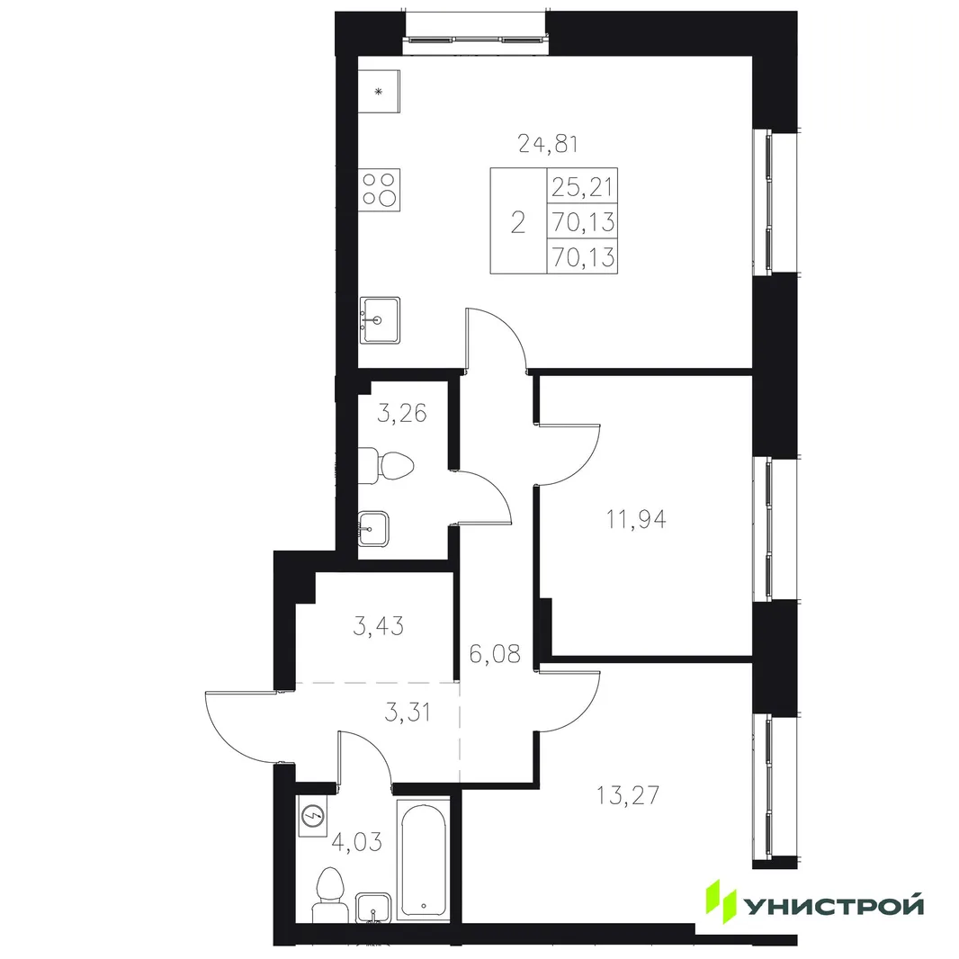 Планировка 2-комн. квартира, 70.13 м² ЖК «Statum»
