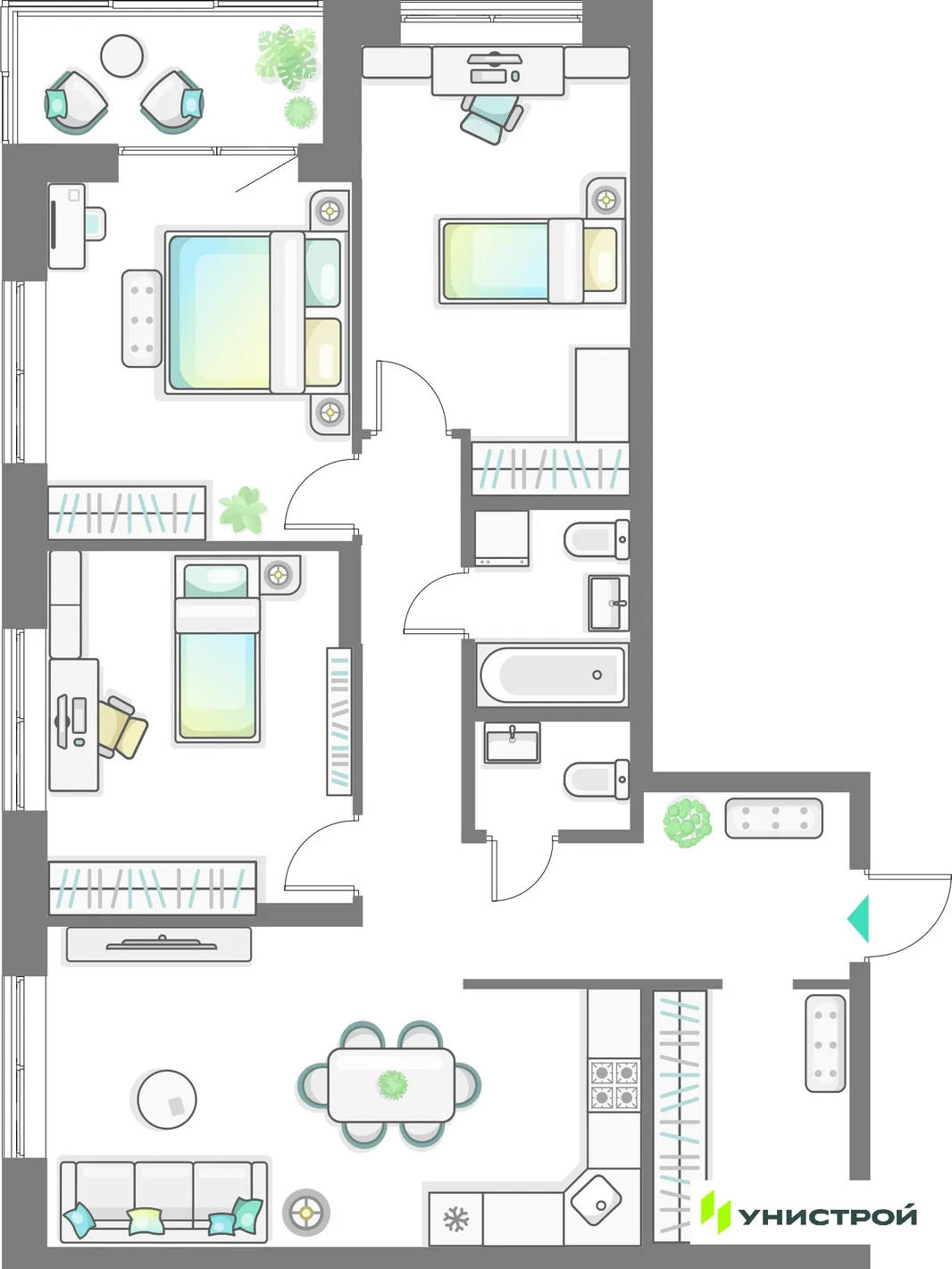 Планировка 3-комн. квартира, 92.29 м² ЖК «Лето»