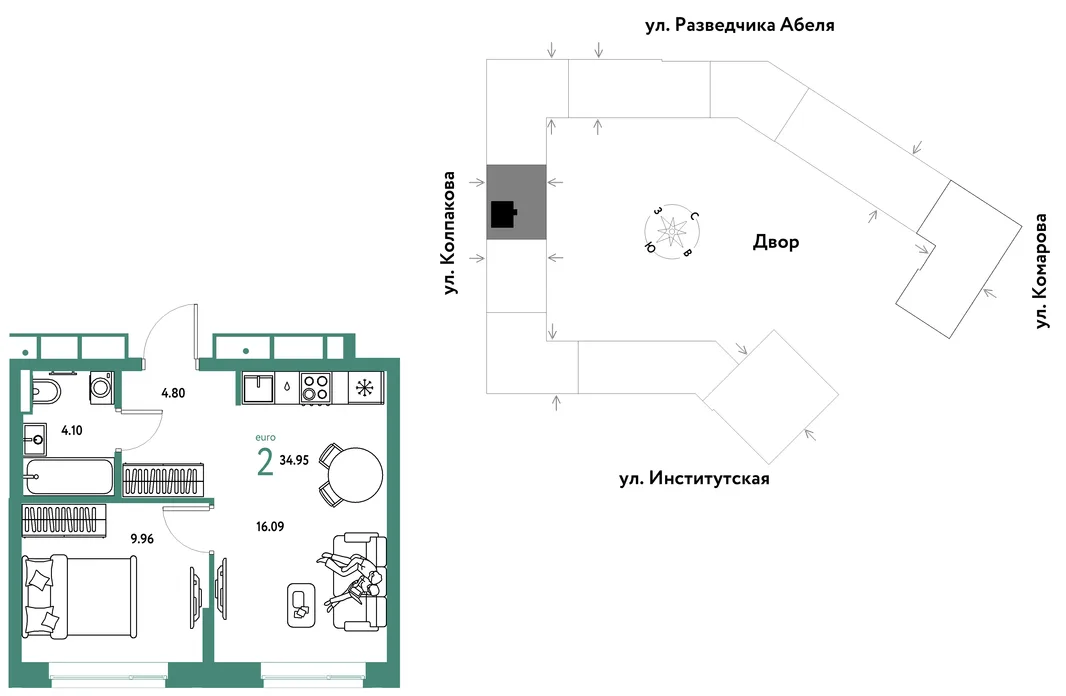 Планировка 2-комн. квартира, 34.95 м² ЖК «Страна.Парковая»