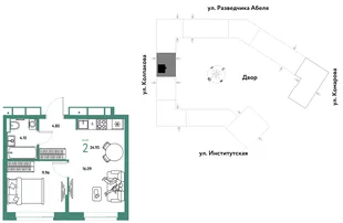 Планировка 2-комн. квартира, 34.95 м² ЖК «Страна.Парковая»