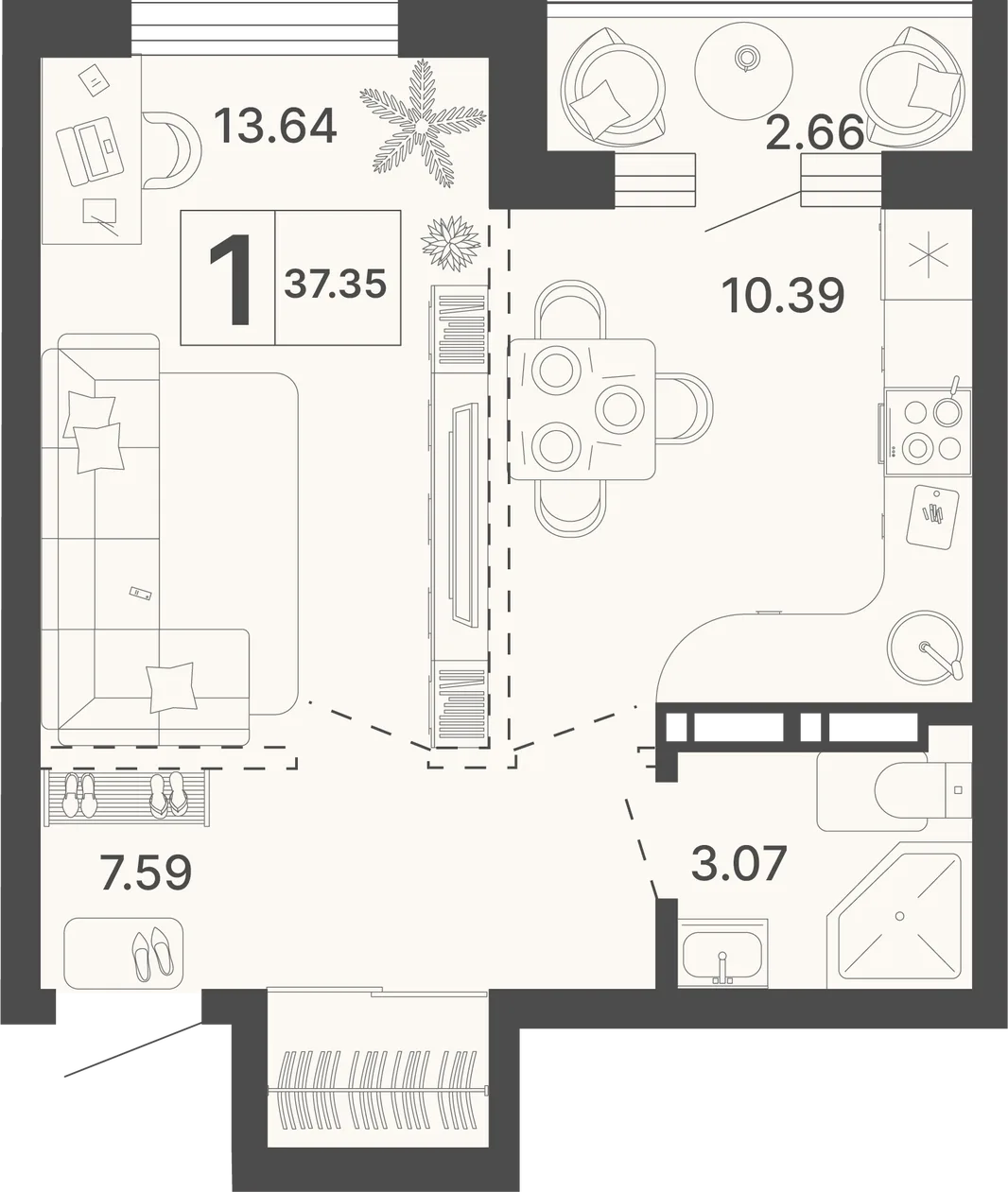 Планировка 1-комн. квартира, 37.35 м² ЖК «Светский лес»