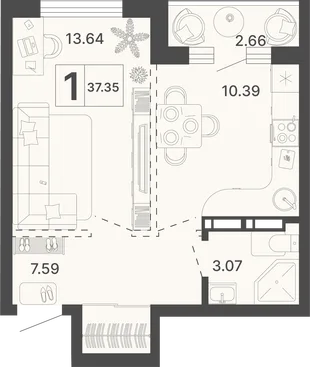 Планировка 1-комн. квартира, 37.35 м² ЖК «Светский лес»
