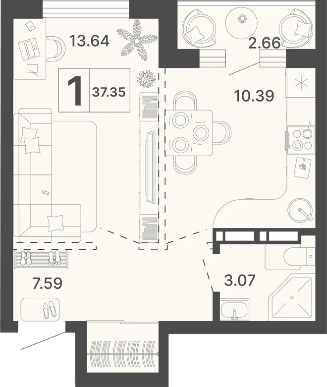 Планировка 1-комн. квартира, 37.35 м² ЖК «Светский лес»