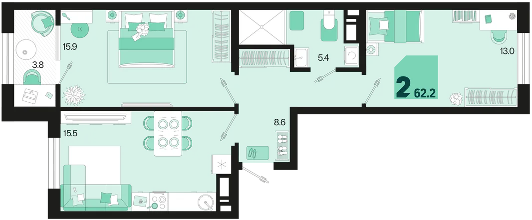 Планировка 2-комн. квартира, 62.2 м² ЖК «Первое место»
