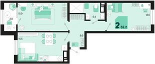 Планировка 2-комн. квартира, 62.2 м² ЖК «Первое место»