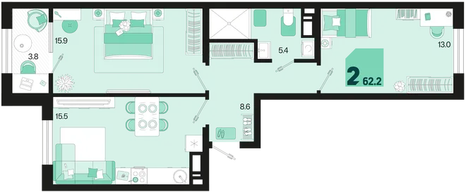 Планировка 2-комн. квартира, 62.2 м² ЖК «Первое место» Планировка 2-комн. квартира, 62.2 м² ЖК «Первое место»