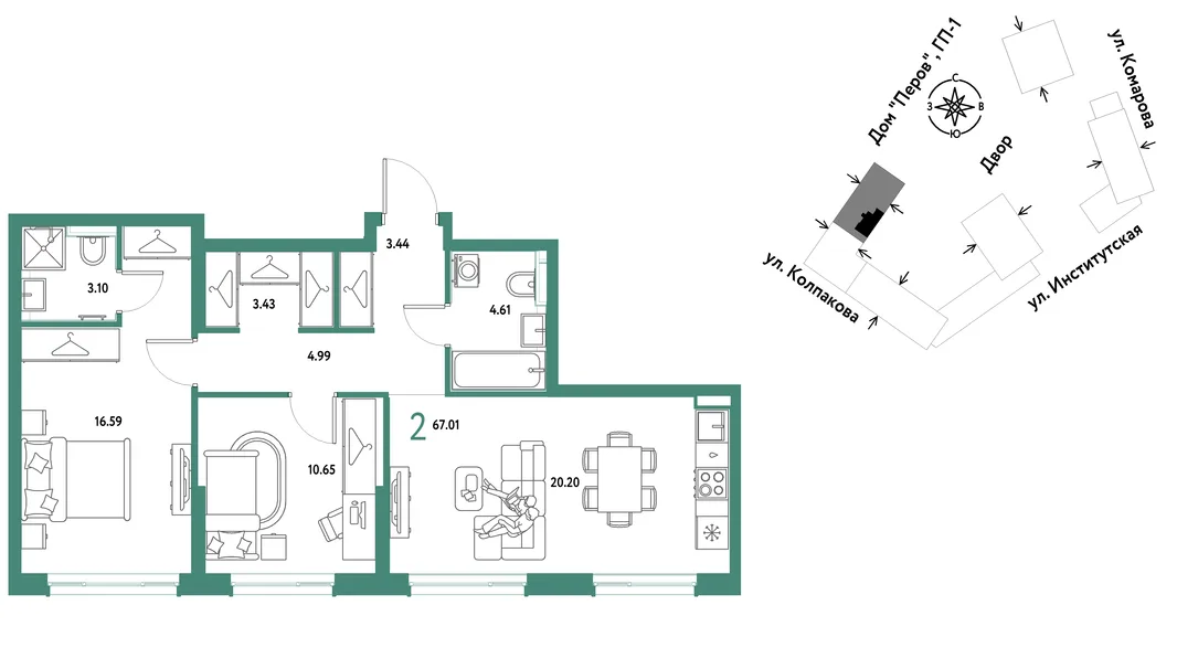 Планировка 2-комн. квартира, 67.01 м² ЖК «Страна.Парковая»