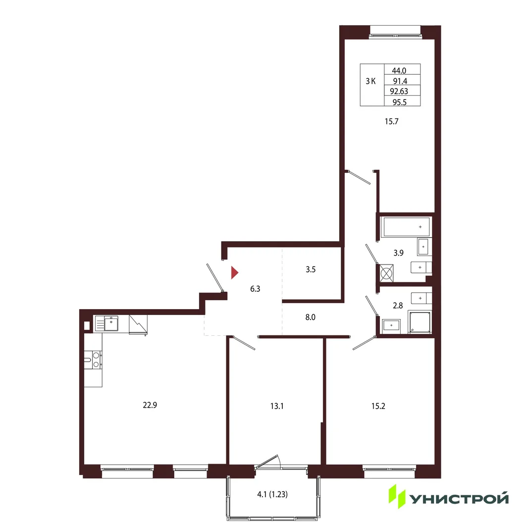 Планировка 3-комн. квартира, 92.63 м² ЖК «Лисино»