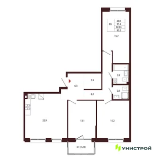 Планировка 3-комн. квартира, 92.63 м² ЖК «Лисино»