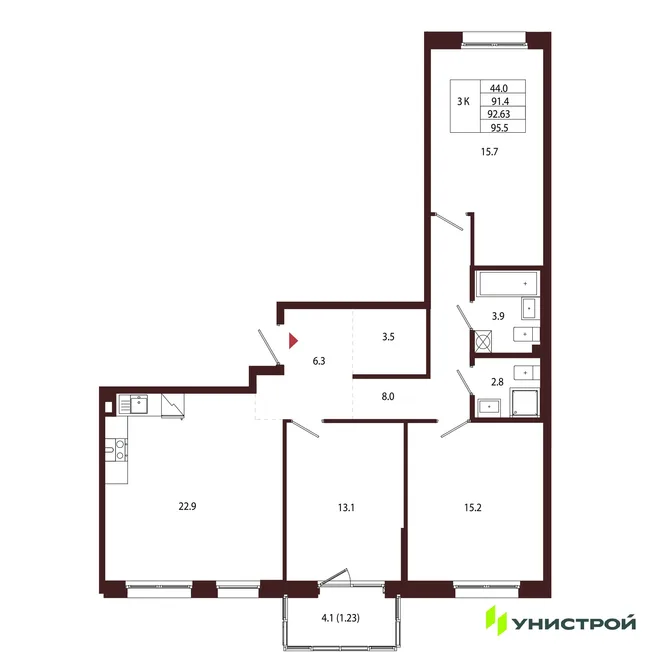 Планировка 3-комн. квартира, 92.63 м² ЖК «Лисино» Планировка 3-комн. квартира, 92.63 м² ЖК «Лисино»