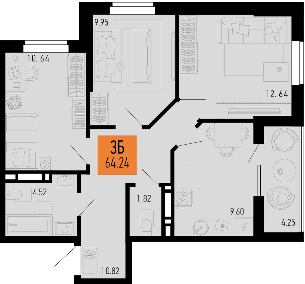 Планировка 3-комн. квартира, 64.24 м² ЖК «Столицыно»