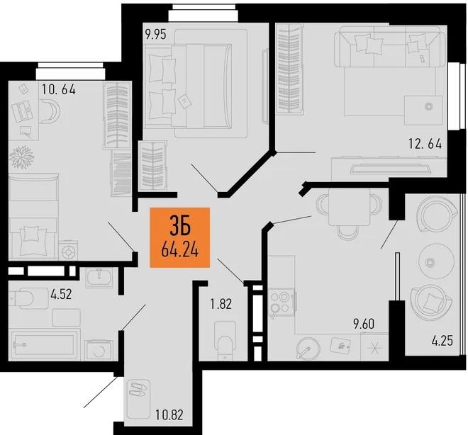 Планировка 3-комн. квартира, 64.24 м² ЖК «Столицыно»
