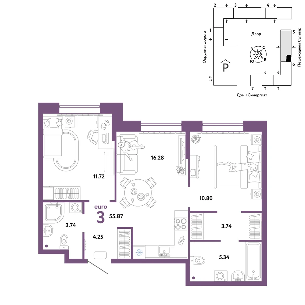 Планировка 3-комн. квартира, 55.87 м² ЖК «Юнион»