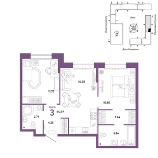 Планировка 3-комн. квартира, 55.87 м² ЖК «Юнион»