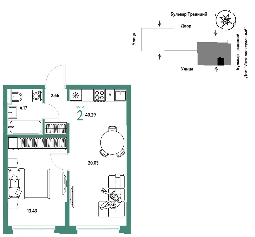 Планировка 2-комн. квартира, 40.29 м² ЖК «Микрорайон Домашний»