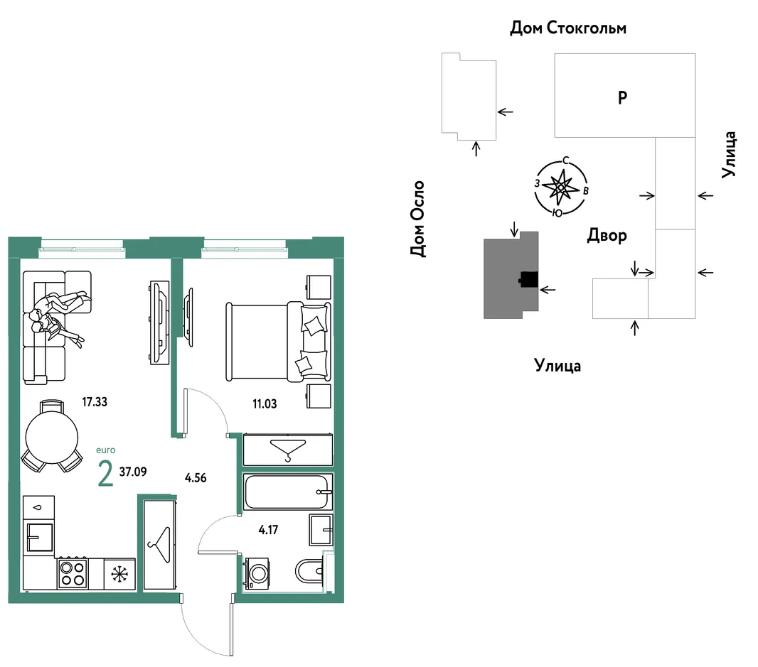 Планировка 2-комн. квартира, 37.09 м² ЖК «Европейский берег 2.0»