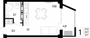 Планировка 1-комн. квартира, 27.7 м² Апарт-комплекс «Альморе»